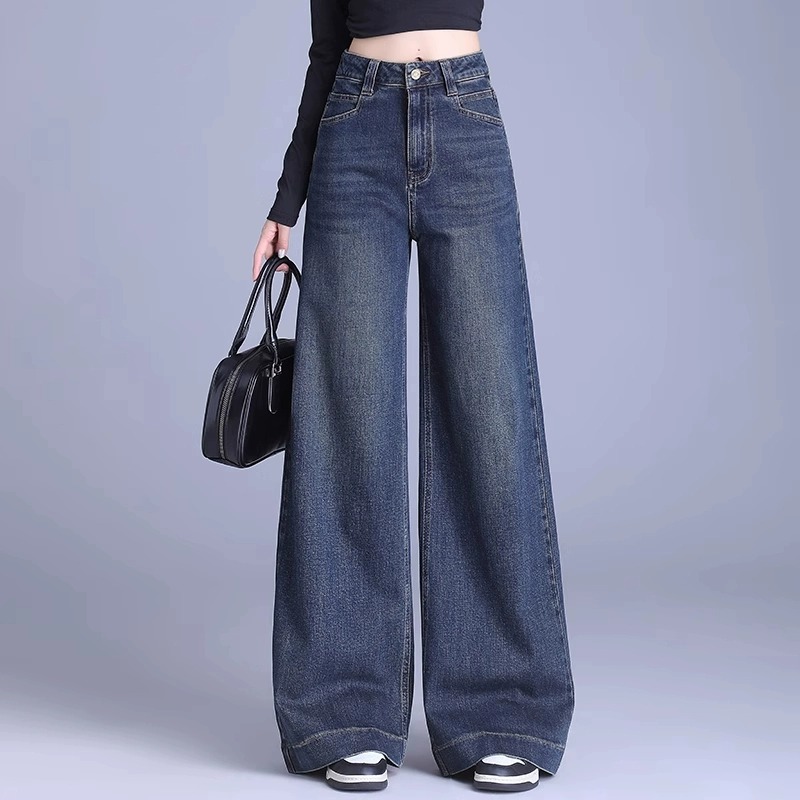 爆款推荐~阔腿牛仔裤女2025冬季新款高腰港风拖地直筒裤阔腿裤