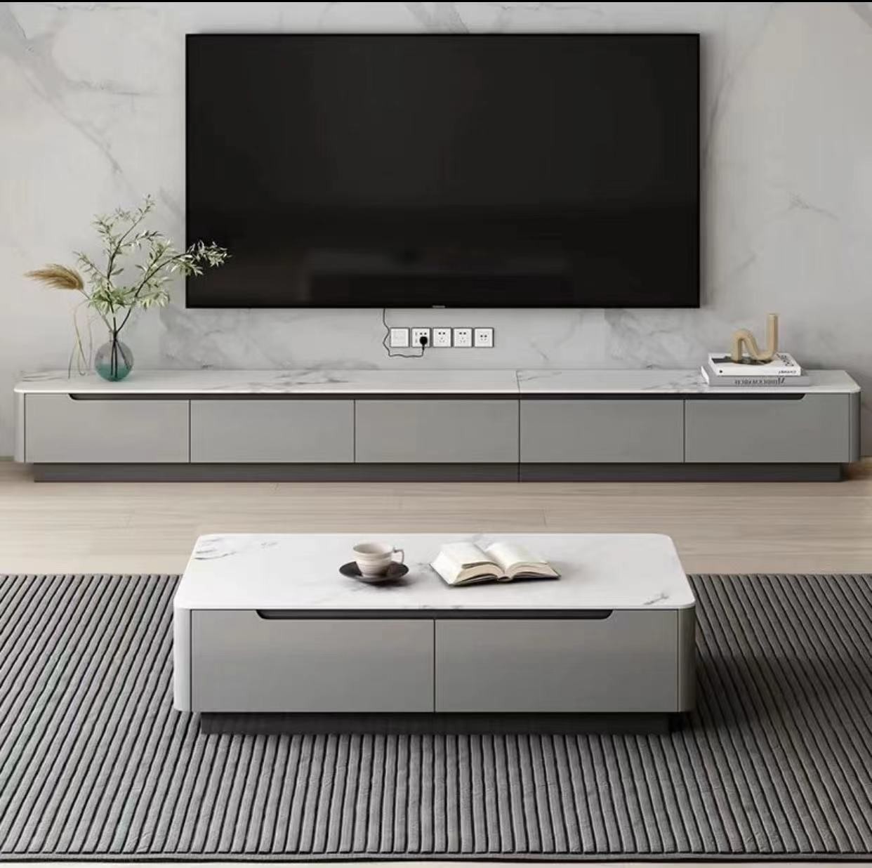 全实木电视柜茶几组合落地现代简约轻奢烤漆岩板电视机柜地柜地台