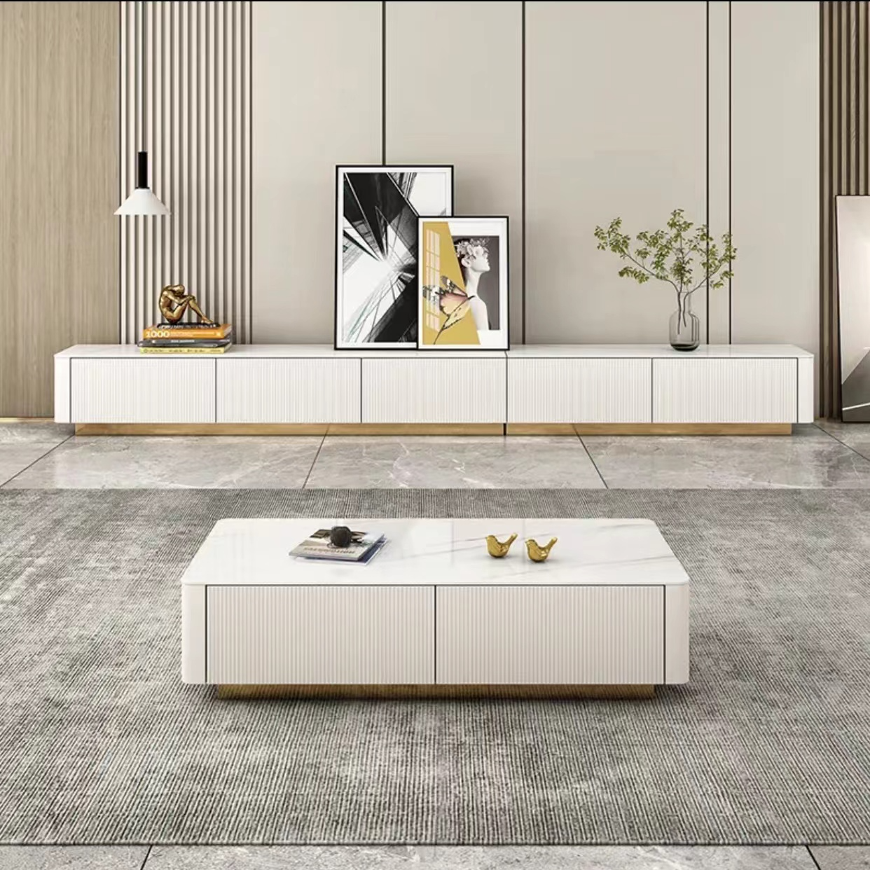 简约时尚意式奶油风电视柜方形极简轻奢茶几组合家用客厅储物