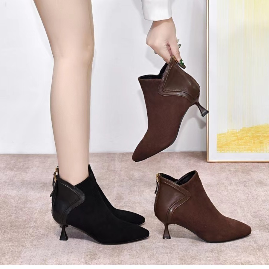 尖头踝靴气质百搭真皮高跟鞋秋冬新款细跟酒杯跟职业气质女鞋短靴