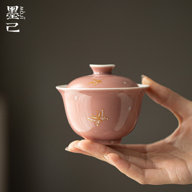 墨己 豇豆红陶瓷盖碗 功夫茶具烫金蝴蝶家用茶碗 金银错舞蝶盖碗