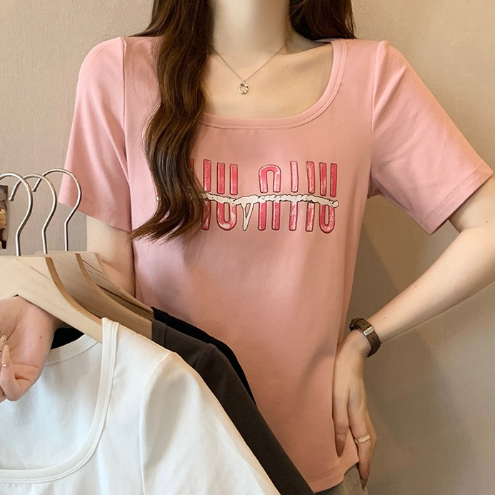 微胖夏季辣妹正肩显瘦短袖女上衣2024大码时尚宽松休闲百搭T恤潮
