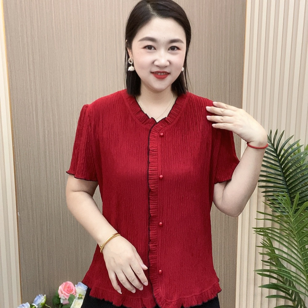 【款号8389】夏季新款大码V领修身大码显瘦洋气花边半袖打底T恤