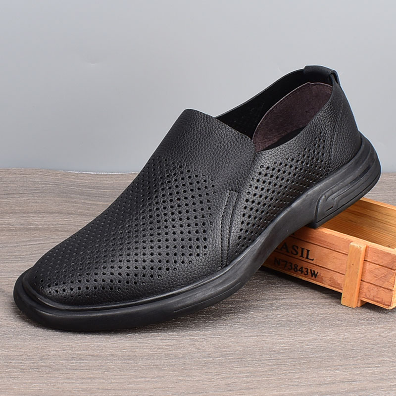 夏季男士镂空皮鞋洞洞鞋真皮一脚蹬商务休闲套脚软底打孔男鞋透气