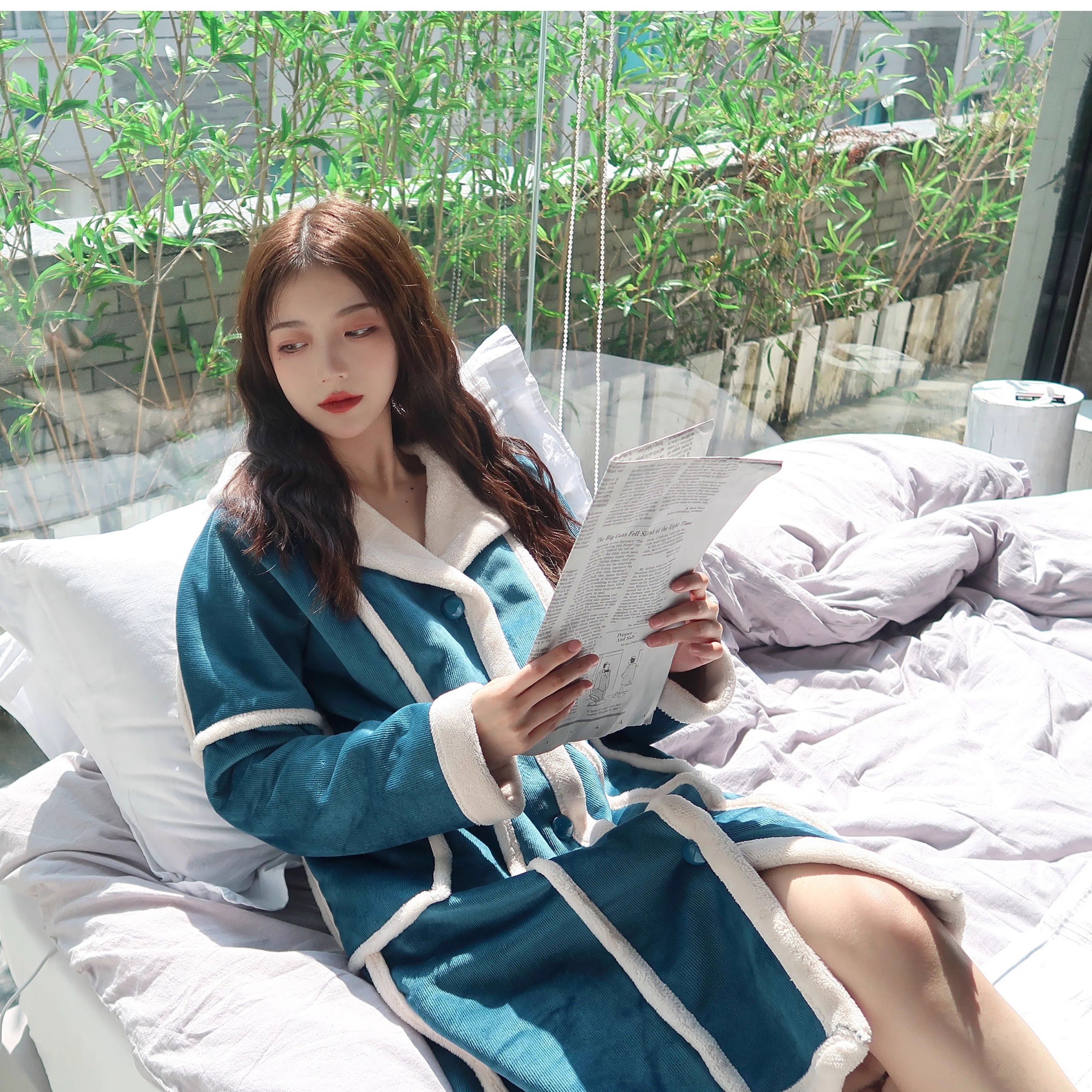 韩国原创复合绒睡衣女冬法兰绒保暖纯色潮加绒加厚睡袍家居服睡衣