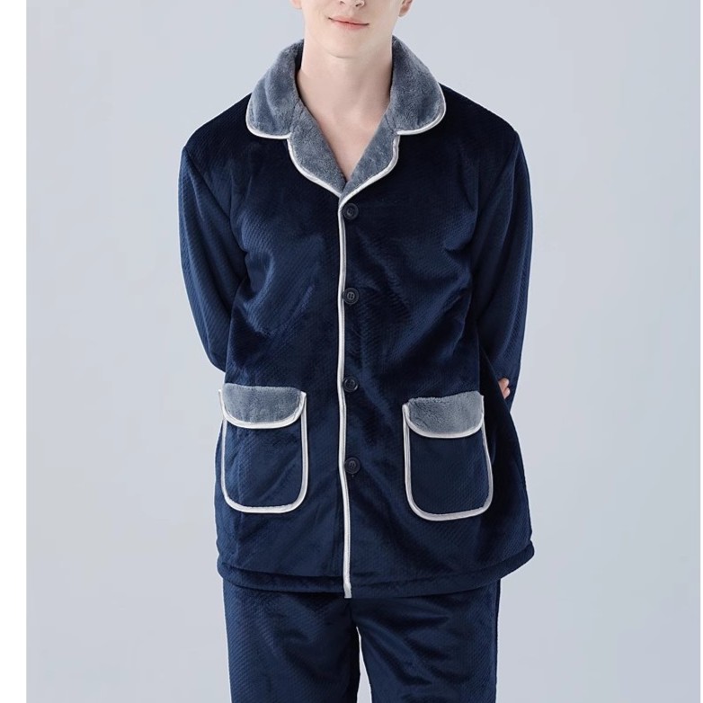 加厚珊瑚绒复合棉帅气纽扣外穿保暖口袋翻领套装男士家居休闲纯色