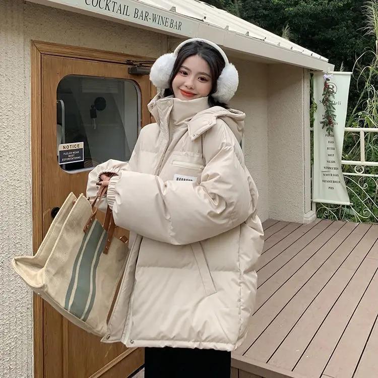 百搭连帽加厚面包服冬季服女2023新款初中生宽松袄外套羽服小个子