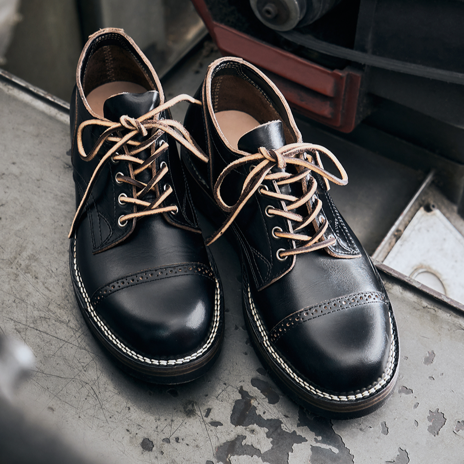 玩儿·Work Shoes轻量化V底百搭外翻缝真皮头层牛皮复古黑色德比鞋