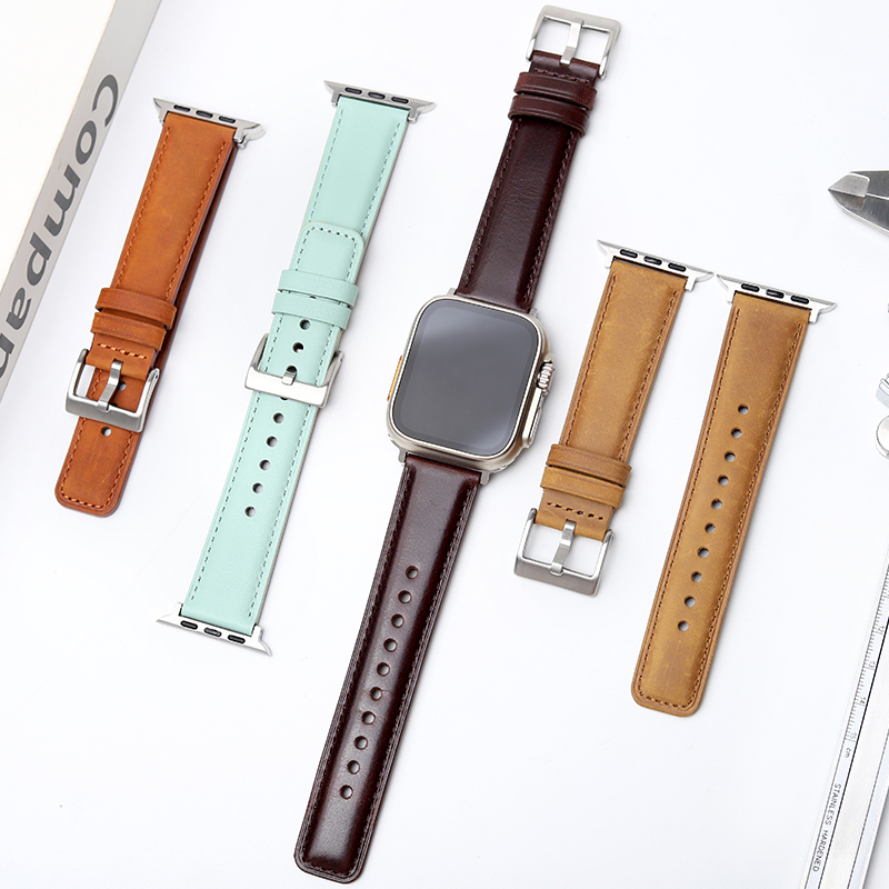 适用iwatch手表s10苹果S8疯马纹牛皮s9表带ULTRA2真皮7硅胶SE高级