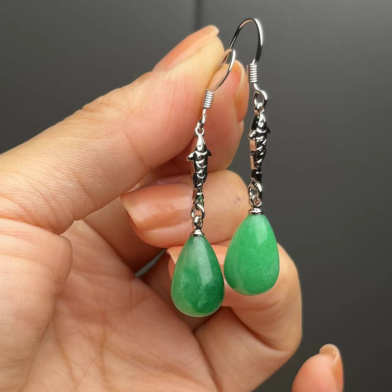 翡翠年年有余s925水滴耳钩