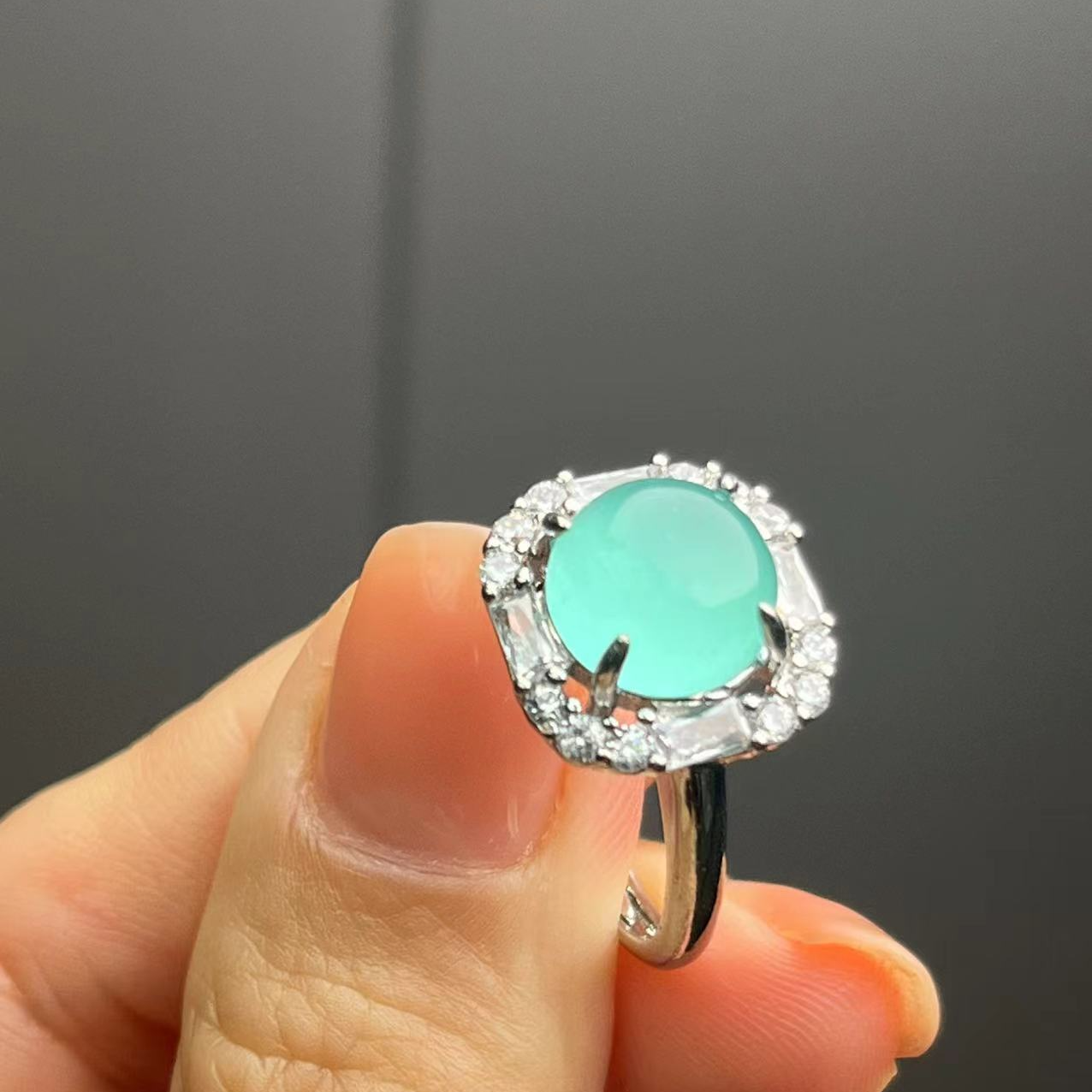 翡翠s925蓝水正方形戒指