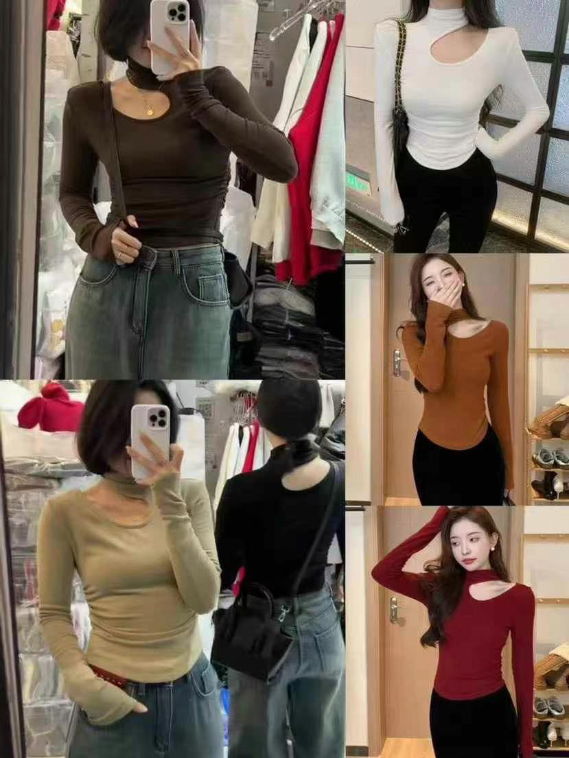 2013冬款加绒肩膀镂空挖肩打底衫纯欲风抽皱蚂蚁腰长袖辣妹T恤