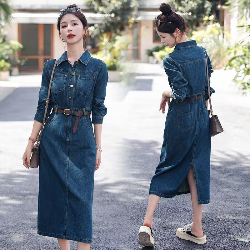2025春秋季新款韩版宽松大码收腰显瘦休闲牛仔连衣裙女中长款裙子