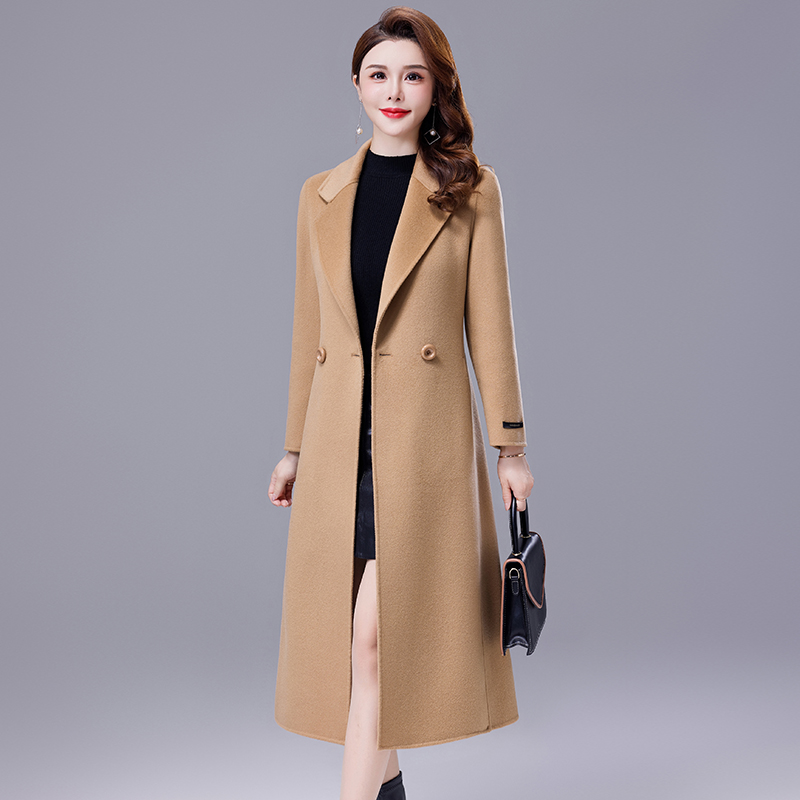 秋冬双排扣西装领双面呢大衣女长款过膝羊毛呢外套女妈妈修身显瘦