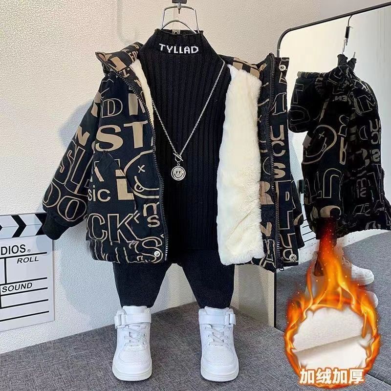 男童外套加绒秋冬装洋气新款潮男宝宝加厚上衣棉衣儿童派克服冬款
