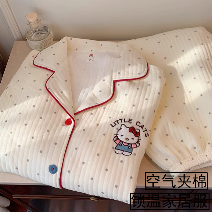 【卡通猫加厚夹层】长袖睡衣女保暖空气棉夹层可爱KT猫秋冬季家居服