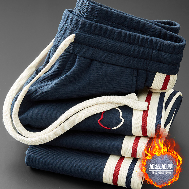 冬季轻奢加绒加厚时尚直筒运动休闲裤针织撞色侧边织带男冬季男裤