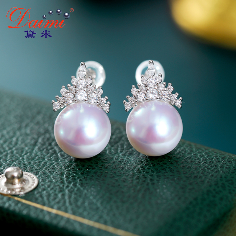 【黛米】Y638近圆11-12mm白色淡水珍珠耳钉女S925银耳饰 RC