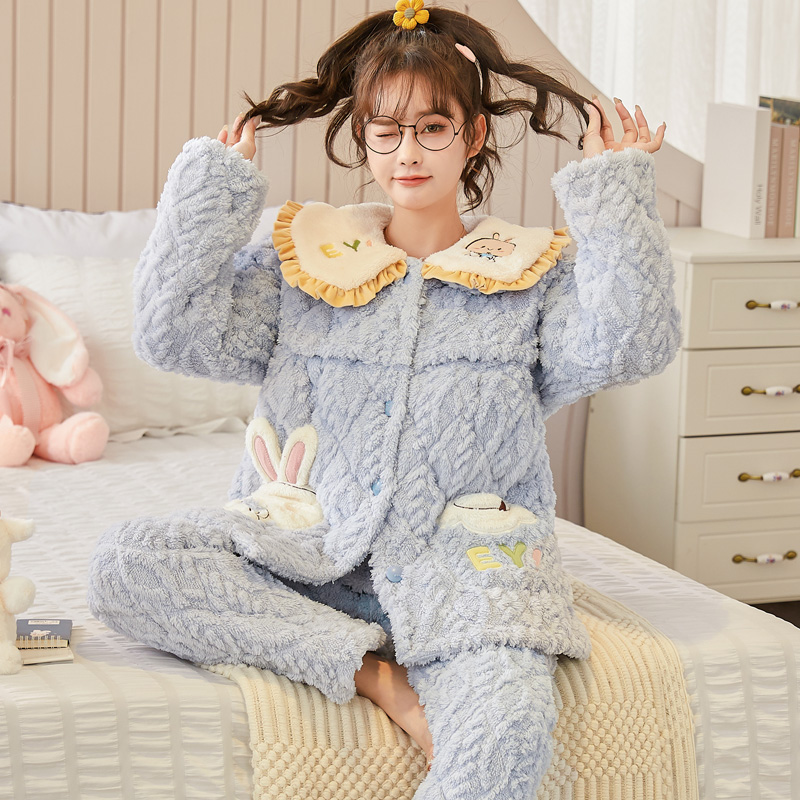 珊瑚绒睡衣女秋冬季三层夹棉袄加厚加绒保暖家居服法兰绒新款套装