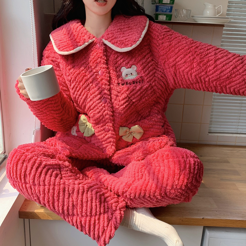 冬季睡衣女款珊瑚绒三层夹棉袄加绒加厚法兰绒保暖红色家居服套装