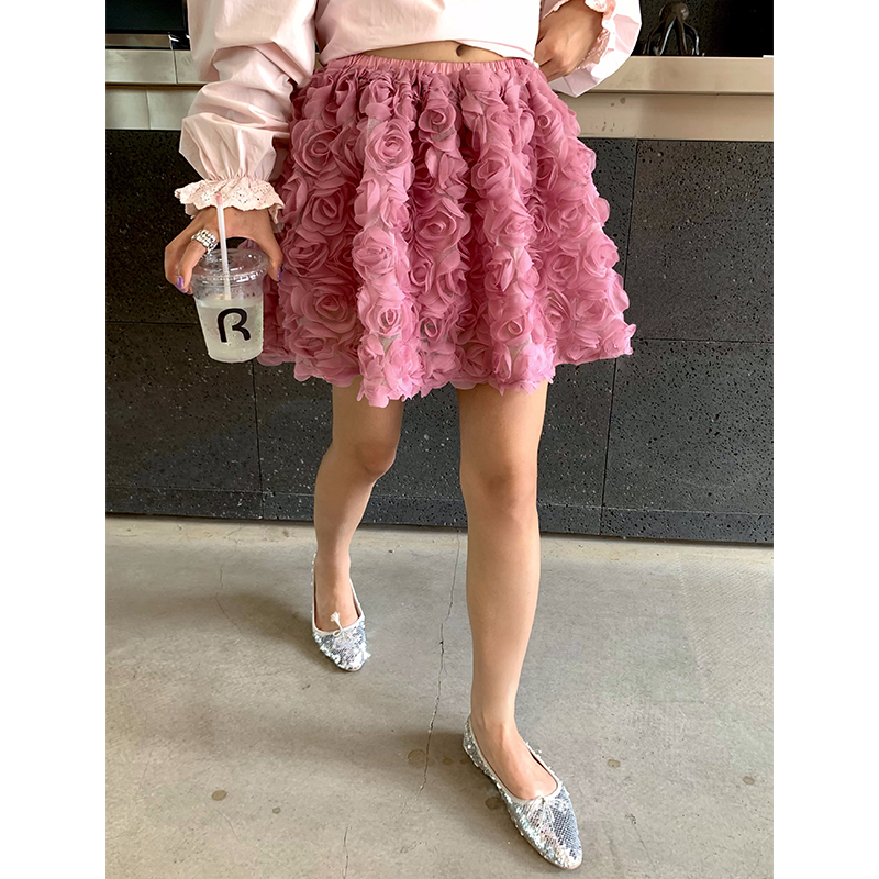 今屿花花 粉色高腰裙子半身裙女夏2024新款短裙a字半裙花朵伞裙
