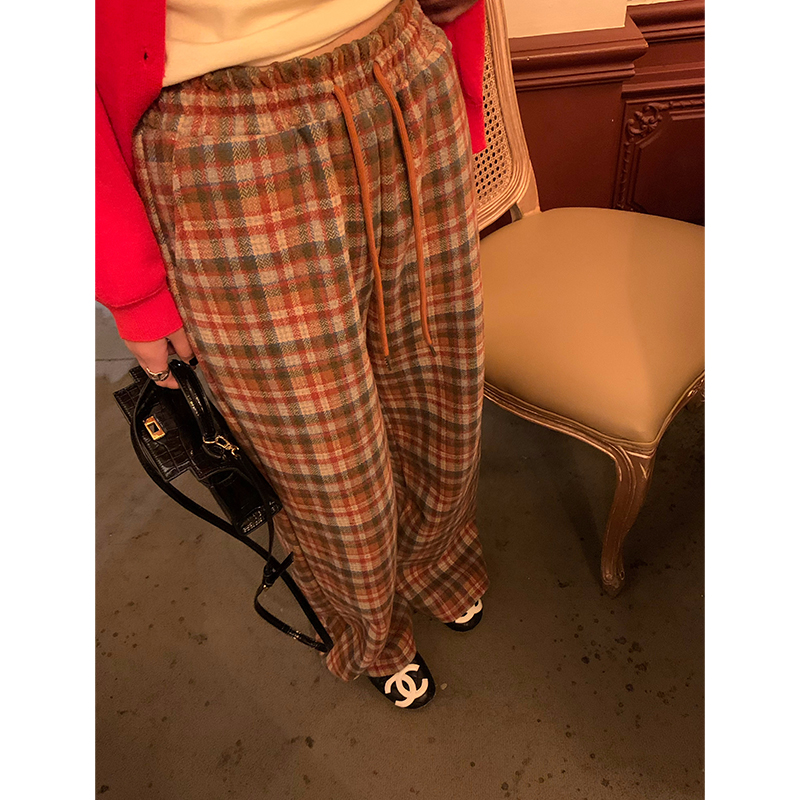 今屿花花裤子女2024新款秋冬加绒羊毛格子裤松紧腰宽松毛呢阔腿裤