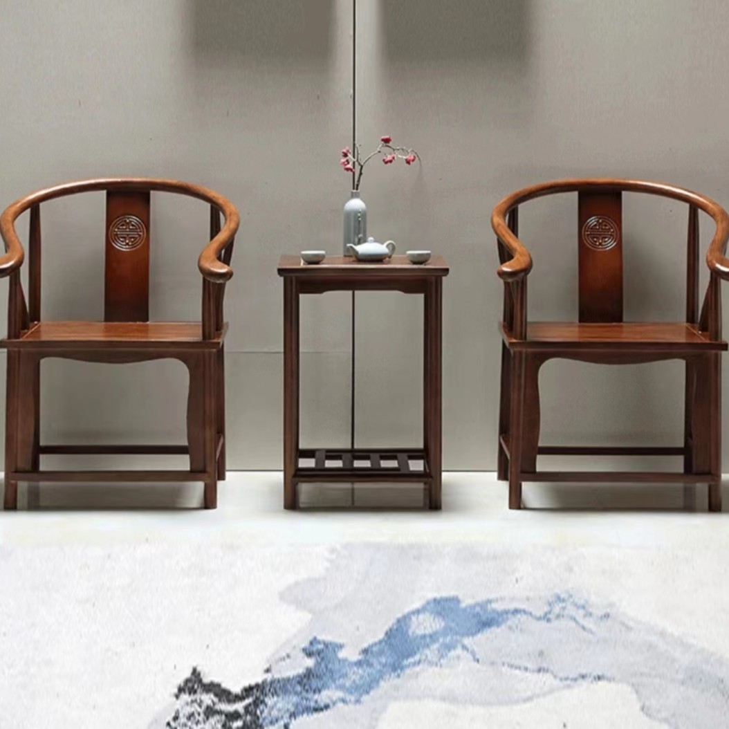 实木围椅圈椅官帽椅中式椅子仿古茶几三件套单人茶椅简约靠背餐椅