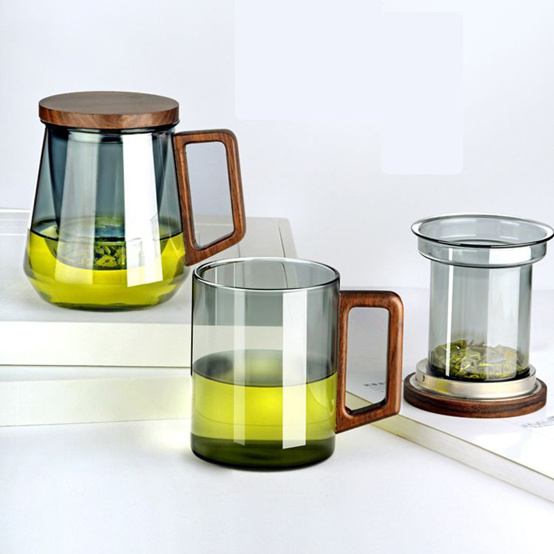 W 客厅烟灰色花茶三件杯办公室木把高硼硅透明玻璃茶水分离泡茶茶