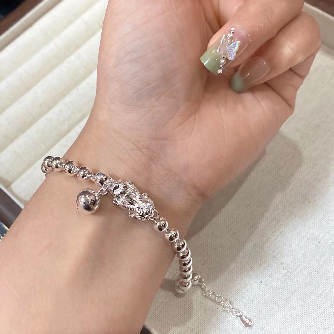 足银手链 手工貔貅铃铛情侣银珠手链时尚男女素款轻奢精致串珠链