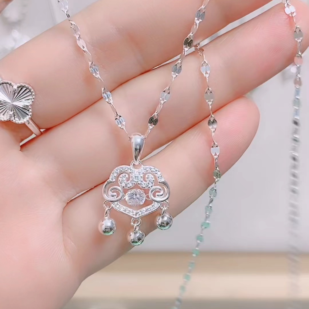 坠链均足银合成锆石 纯银项链全套灵动锁+嘴唇链国风祥云锁银制品