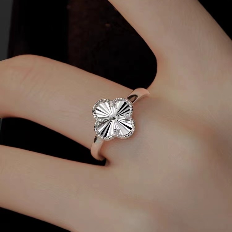 足银戒指 四叶草纯银戒指车花时尚素款可调节活口戒指精致简约