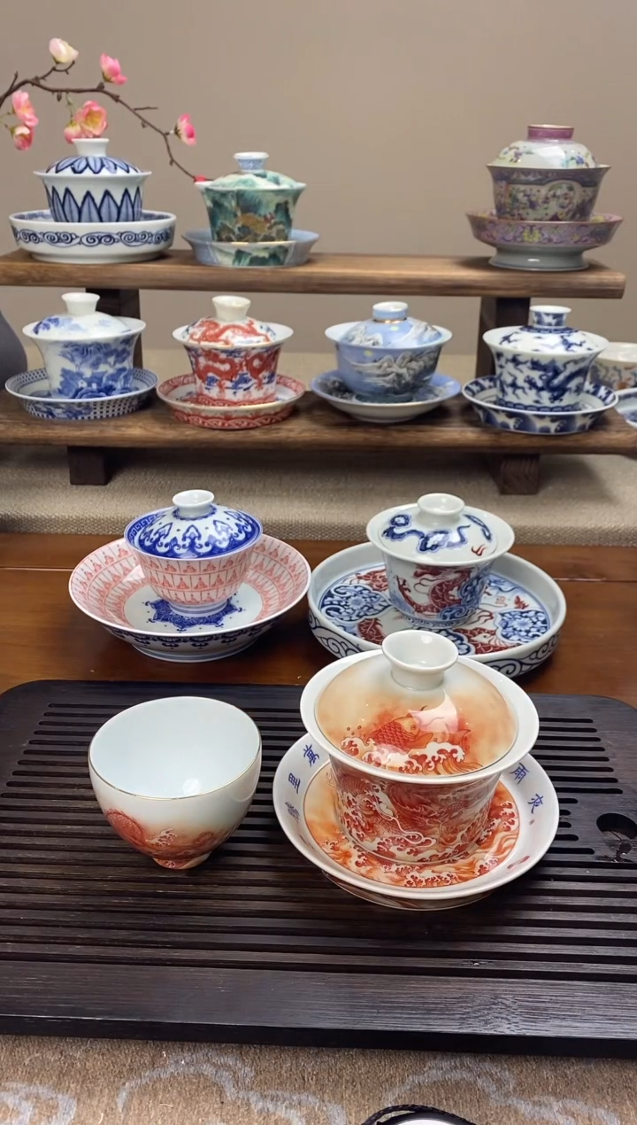 【闪购商品】陶瓷鱼化龙盖碗+鸡心杯