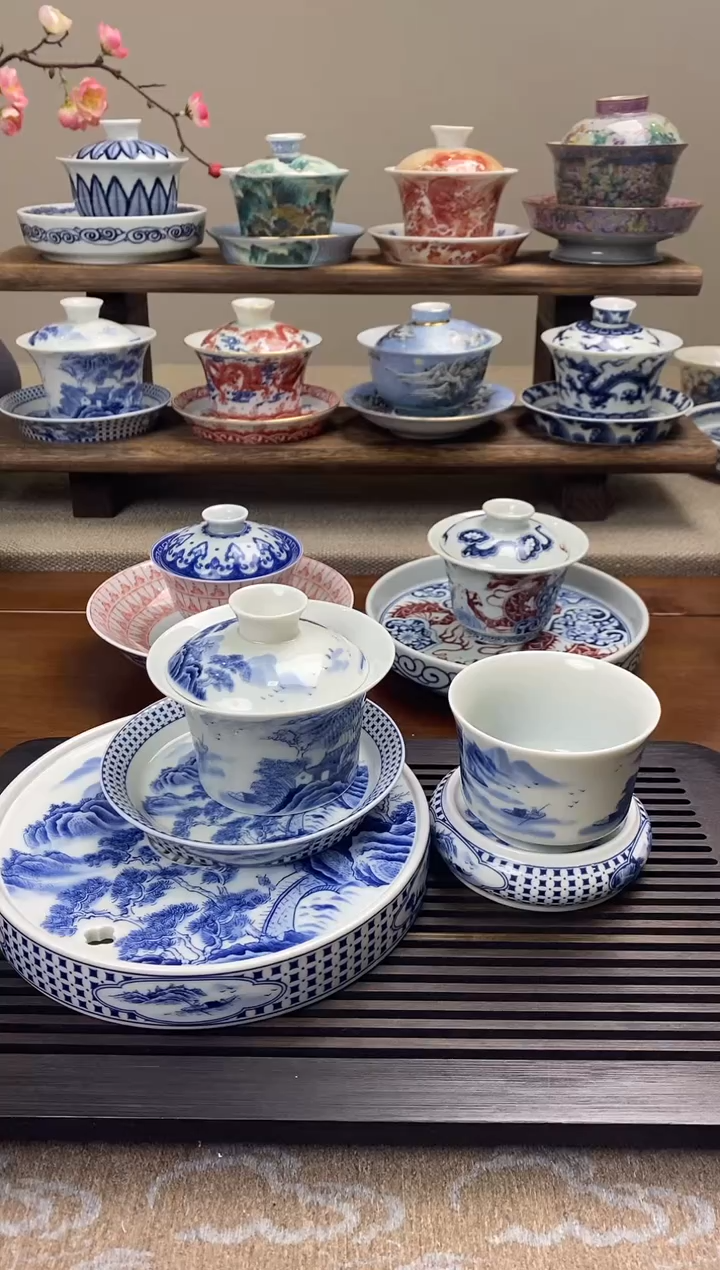 【闪购商品】陶瓷青花山水干泡台+盖碗+主人杯+杯垫
