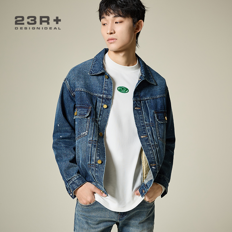 23R+时尚泼墨压褶翻领提花牛仔夹克外套 2023 男款 卡布里蓝+原蓝