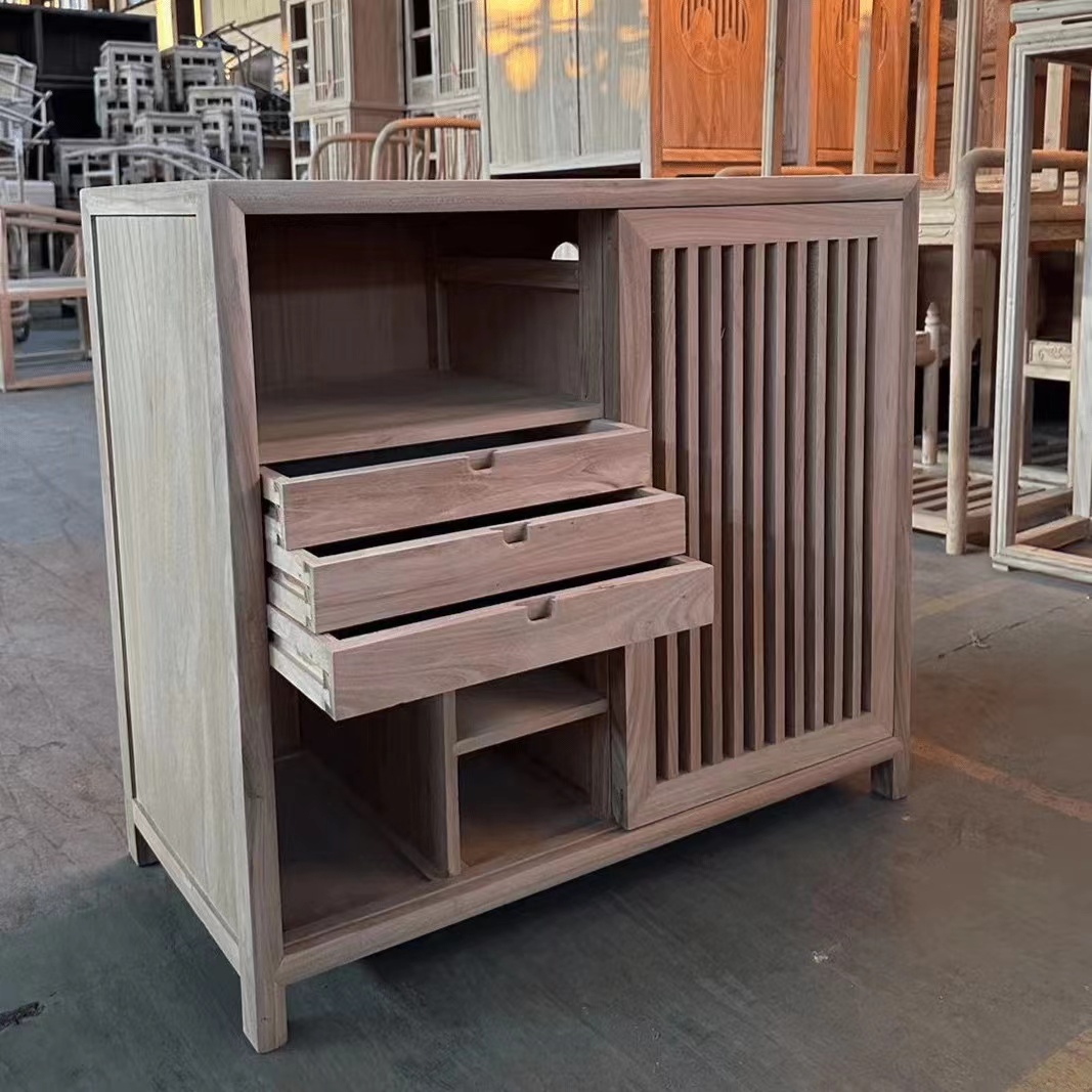 北欧北方榆木全实木茶水柜新中式客厅简约家用禅意置物茶柜矮柜