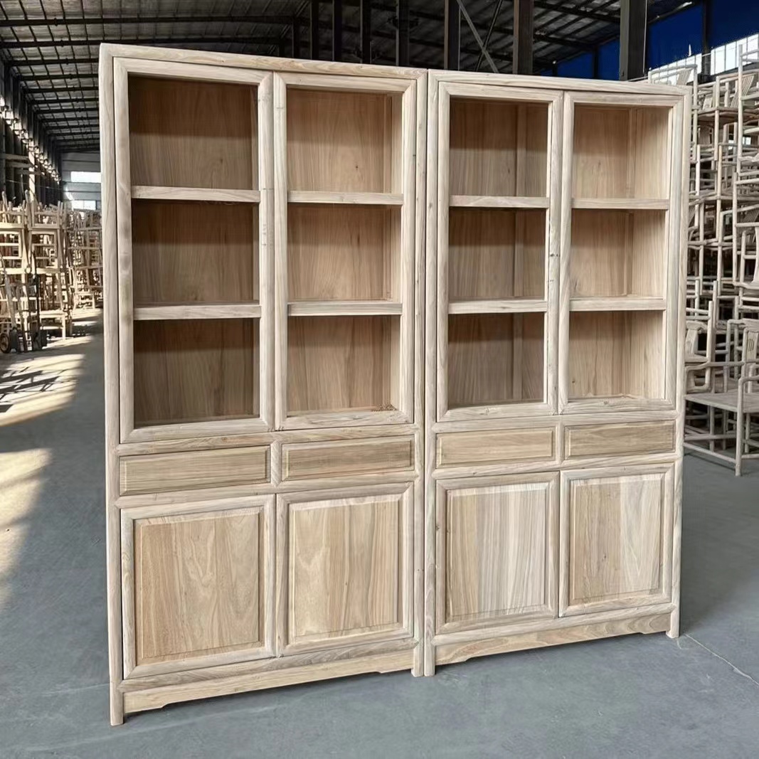 北方榆木全实木书柜办公柜新中式简约双门书橱落地复古书房