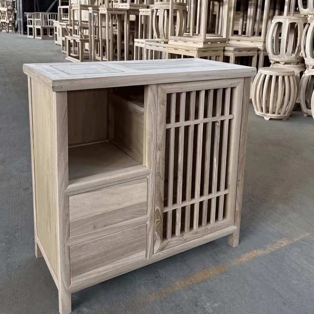 北方榆木全实木茶水柜餐边柜新中式简约烧水茶水柜茶边柜茶柜客厅