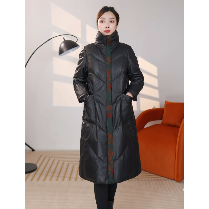 海宁真皮绵羊皮鹅绒羽绒服民族风显瘦保暖皮衣女士大码中长款休闲