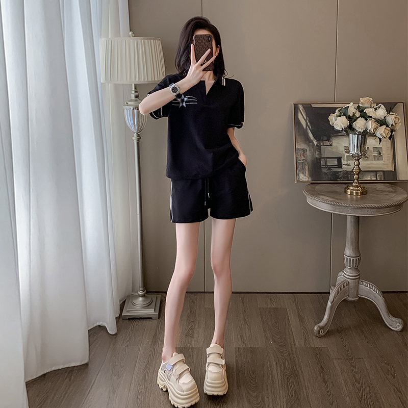 夏季新款运动休闲套装女时尚洋气减龄气质黑色上衣短裤两件套潮