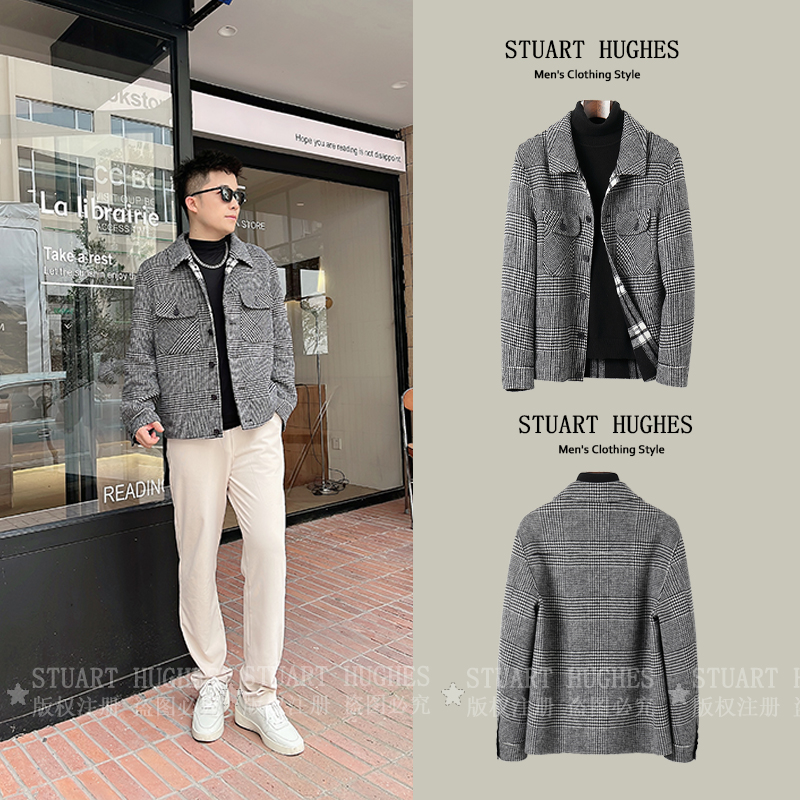男士宽松短款春秋双面呢羊毛夹克翻领格子外套英伦帅气百搭休闲