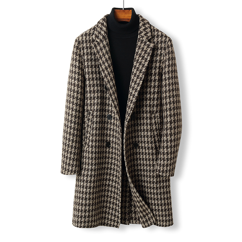 【定制面料】咖色大千鸟格中长款手缝羊毛双面羊毛大衣2213