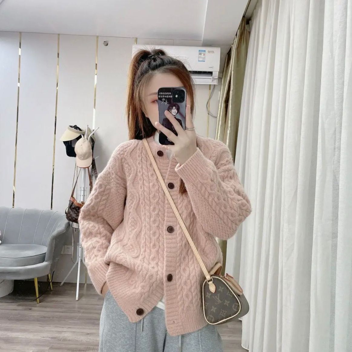 复古麻花毛衣女秋季慵懒风加厚开衫针织外套宽松纯色设计感毛线衣
