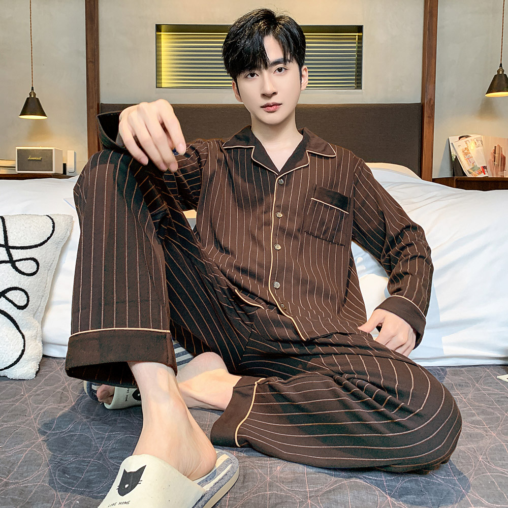 双面加厚纯棉睡衣男秋款长袖长裤高级感春秋季全棉大码家居服套装