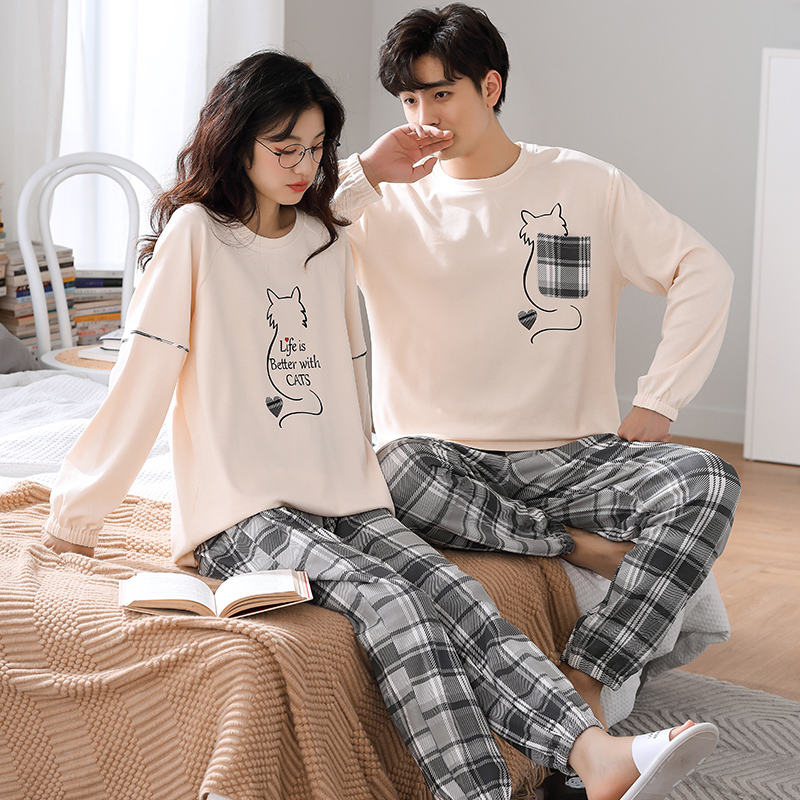 双面纯棉情侣睡衣秋款长袖卡通男女款春秋季高级感全棉家居服套装