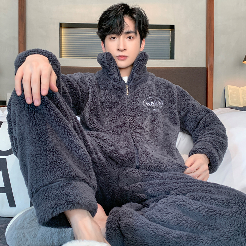 珊瑚绒睡衣男士冬款法兰绒加绒加厚拉链绒款秋冬季保暖家居服套装