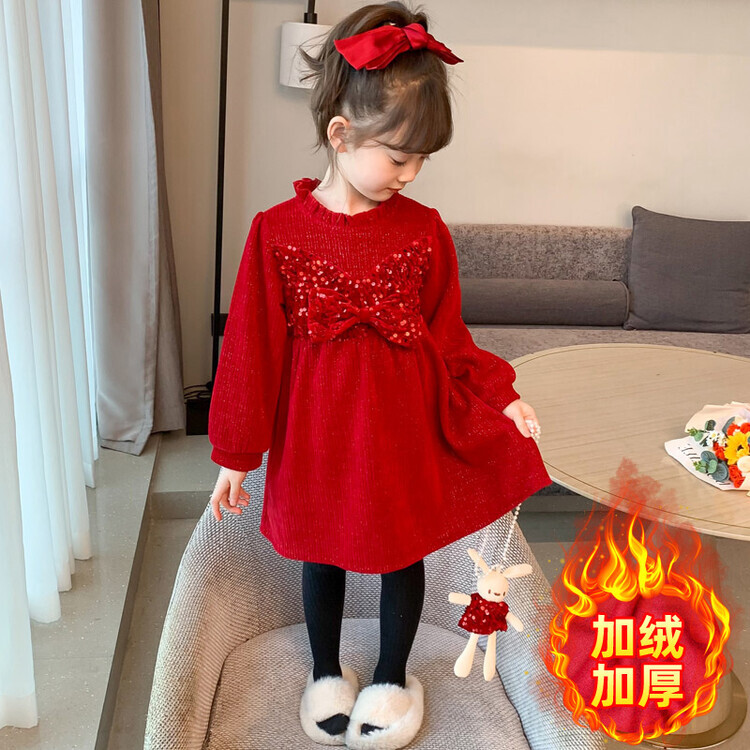 女童红色连衣裙冬季拜年服儿童加绒加厚中大童女孩新年装儿童过年