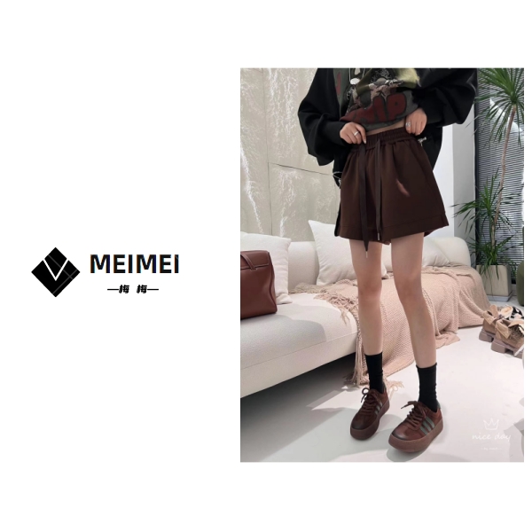 XMM.《抛物线短裤》早秋新款气质显瘦设计感抽绳松紧高腰阔腿短裤