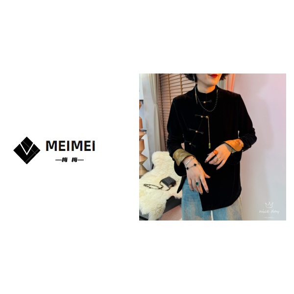 XMM.《马蹄袖金熨斗丝绒国风》春季时尚百搭休闲显瘦盘扣国风丝绒t