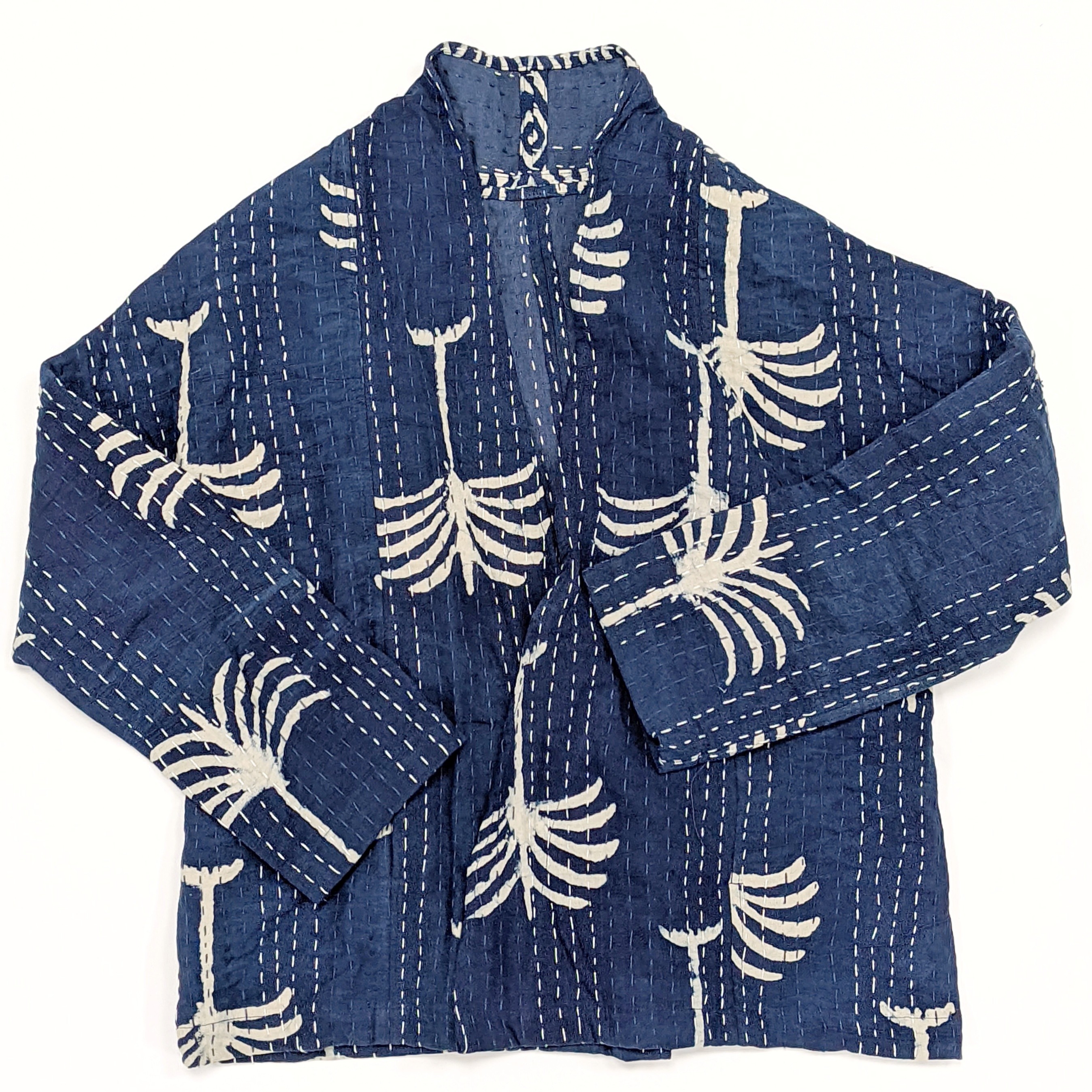 【蓝染】刺子绣道袍开衫 中国风刺绣纯棉土布女士中长款外套蓝色