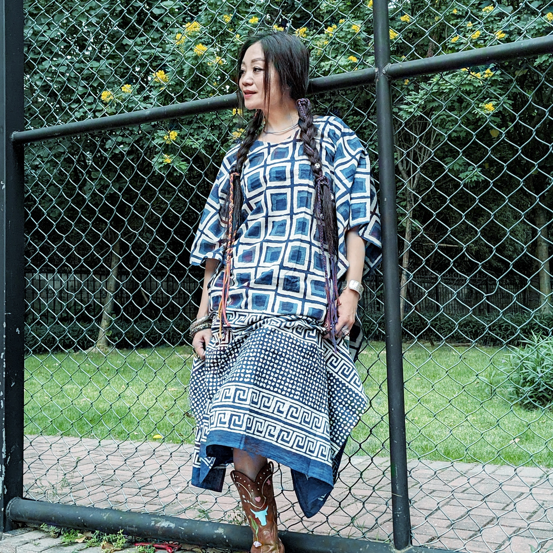 【蓝染系列】民族风方格袍子 长款开叉扎染纯棉格子印花连衣裙
